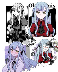  1boy 5girls ascot ave_mujica_(bang_dream!) bang_dream! bang_dream!_it's_mygo!!!!! black_ascot black_ribbon blonde_hair blue_brooch blue_eyes blue_hair blush closed_mouth commentary_request hair_ribbon highres long_hair misumi_uika mortis_(bang_dream!) mortis_(costume)_(bang_dream!) multiple_girls oblivionis_(bang_dream!) partially_colored penguinbu purple_hair red_shirt ribbon shirt short_hair sidelocks togawa_sadaharu togawa_sakiko wakaba_mutsumi white_shirt yahata_umiri yellow_eyes yuutenji_nyamu 