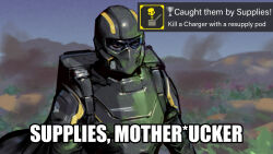  1boy achievement_unlocked armor backpack bag blood blood_on_armor censored censored_text commentary dark-skinned_male dark_skin dexter_(tv_series) english_text helldiver_(helldivers) helldivers_(series) helmet highres james_doakes meme outdoors phantom_ix_row profanity pun solo surprise_motherfucker_(meme) upper_body 