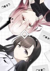  2girls absurdres arknights black_eyes black_hair black_horns brown_hair cassette_tape closed_mouth commentary gradient_hair grid grid_background hair_between_eyes highres horns long_hair multicolored_hair multiple_girls nishimiya_aki parted_lips pink_eyes pink_hair priestess_(arknights) split_mouth theresa_(arknights) turtleneck white_background 