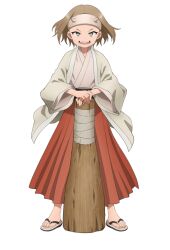  1girl anime_coloring black_sash breasts brown_eyes brown_hair brown_hakama club_(weapon) dokudami_(kunoichi_tsubaki_no_mune_no_uchi) fake_horns fang full_body grey_haori grey_kimono hakama hakama_skirt holding holding_club holding_weapon horns japanese_clothes kimono kunoichi_tsubaki_no_mune_no_uchi long_skirt long_sleeves looking_at_viewer ninja obi official_art okuda_yousuke open_mouth pleated_skirt sash short_hair simple_background skirt small_breasts solo standing tachi-e transparent_background v-shaped_eyebrows waraji weapon wide_sleeves 