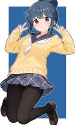  1girl azumawari_(azumofu) black_pantyhose blue_background blue_hair blush border closed_mouth commentary_request dot_nose double_v expressionless grey_sailor_collar grey_skirt hair_bun highres jumping legs_up loafers long_sleeves looking_at_viewer miniskirt motosu_school_uniform neckerchief outline outside_border pantyhose plaid_clothes plaid_skirt pleated_skirt sailor_collar school_uniform serafuku shima_rin shoes short_hair sidelocks simple_background skirt sleeves_past_wrists solo sweater v violet_eyes white_border white_neckerchief white_outline yellow_sweater yurucamp 