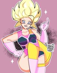  black_vest blonde_hair blue_eyes boots caulifla collarbone copyright_request cosplay crossed_legs dragon_ball dragon_ball_gekishin_squadra dragon_ball_super gloves hand_on_own_hip hand_up invisible_chair knee_pads leotard looking_at_viewer pink_background pink_leotard saiyan_armor seripa seripa_(cosplay) sitting smile socks super_saiyan super_saiyan_2 thigh-highs vest white_boots white_gloves yellow_socks yellow_thighhighs 