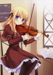  blonde blue_eyes blush chair dress hair_ribbon instrument ko~cha long_hair pantyhose sheet_music sitting violin window 