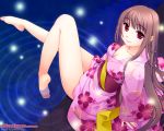  1girl braid breasts brown_hair cleavage feet feet_in_water female galge.com ginta japanese_clothes kimono long_hair purple_eyes sitting smile soaking_feet soles solo toe-point wallpaper water yukata 