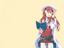  aty belt beltskirt beret blue_eyes blush book brooch cape dress glasses hat jewelry kuroboshi_kouhaku long_hair red_hair solo summon_night summon_night_3 thighhighs turtleneck wallpaper white_legwear wink zettai_ryouiki 