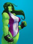  1girl breasts earrings fingerless_gloves g1138 gloves green_eyes green_hair green_skin highres jewelry large_breasts leotard lipstick long_hair makeup marvel muscle purple_lipstick she-hulk simple_background smile solo 