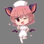 1girl ;d animal_ears bangs bat_ears black_wings blush breasts brown_hair brown_outline chibi commentary_request detached_wings dress eyebrows_visible_through_hair grey_background hair_between_eyes hand_up hat heart medium_breasts mini_wings noai_nioshi nurse nurse_cap one_eye_closed open_mouth original red_eyes short_sleeves smile solo standing standing_on_one_leg thigh-highs white_dress white_footwear white_headwear white_legwear wings 