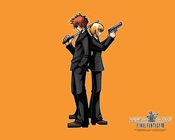  before_crisis blonde_hair final_fantasy final_fantasy_vii formal gun gun_(female) necktie official_art orange red_hair rod_(male) suit turks wallpaper weapon 