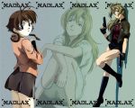  blonde_hair blue_eyes boots braid brown_hair gun jacket logo looking_behind madlax madlax_(character) margaret_burton pistol shorts skirt weapon 