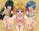  3girls beach big_eyes blue_bikini houshou_hanon mermaid_melody_pichi_pichi_pitch nanami_lucia navel pink_bikini summer swimsuit touin_rina wink yellow_bikini 