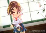  1girl bra brown_hair highres lingerie pink_bra ribbons scan scan_artifacts school_uniform seifuku short_hair solo suzumiya_haruhi suzumiya_haruhi_no_yuuutsu underwear undressing 