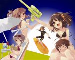  bikini book brown_hair hairband itou_noiji jpeg_artifacts koizumi_itsuki kyon nagato_yuki short_hair sunglasses suzumiya_haruhi suzumiya_haruhi_no_yuuutsu swimsuit untied wallpaper water_gun 