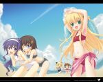  beach bikini blonde_hair blue_eyes breast_grab breasts brown_hair chibi fate_testarossa green_eyes long_hair mahou_shoujo_lyrical_nanoha mahou_shoujo_lyrical_nanoha_a's minamura_haruki purple_eyes purple_hair swimsuit takamachi_nanoha tsukimura_suzuka wallpaper wink yagami_hayate 