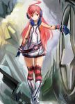  1girl android belt boots conjaku dress earmuffs gloves headphones kneehighs long_hair miki_(vocaloid) pink_hair red_eyes redhead robot_joints sf-a2_miki smile socks solo star striped striped_gloves striped_kneehighs striped_socks thigh-highs thighhighs vocaloid wrist_cuffs 
