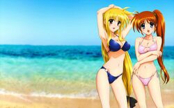  bikini fate_testarossa mahou_shoujo_lyrical_nanoha mahou_shoujo_lyrical_nanoha_strikers ribbons swimsuit takamachi_nanoha 