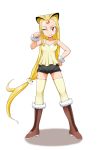  ;d blonde_hair boots costume fur_boots jouwan long_hair meowth persian personification pokemon ponytail red_eyes short_shorts shorts tank_top thigh_highs thighhighs very_long_hair wink zettai_ryouiki 