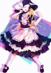  1girl apron arm_up blonde_hair bow braid eyelashes hair_bow hand_on_hat hat hat_over_one_eye hat_ribbon highres kirisame_marisa kneehighs layered_skirt legs_apart light_smile lips long_hair looking_at_viewer mary_janes mikazuki_yurayura multicolored_background puffy_short_sleeves puffy_sleeves ribbon shadow shoes short_sleeves simple_background single_braid skirt skirt_set solo sparkle touhou waist_apron witch_hat yellow_eyes 