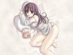  bed camisole chips detached_sleeves g-string highres lying mouth_hold on_side pillow pillow_hug potato_chips purple_hair wallpaper xration 