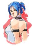  1girl armlet back bare_shoulders blair_dame blue_hair boots breasts bust from_behind g1138 green_eyes large_breasts leotard lips nose solo street_fighter street_fighter_ex 