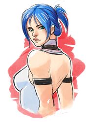  1girl armlet back bare_shoulders blair_dame blue_hair boots breasts bust from_behind g1138 green_eyes large_breasts leotard lips nose solo street_fighter street_fighter_ex 