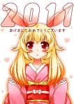  animal_ears bad_id blonde_hair blush bunny_ears copyright_request ishizaki_hiroki isi japanese_clothes kimono long_hair new_year open_mouth red_eyes solo 