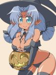  bare_shoulders bikini_bottom blue_hair bustier corset dark_skin elbow_gloves gloves hat jack-o&#039;-lantern jack-o'-lantern lingerie long_hair low-tied_long_hair naitou_kouse original pointy_ears pumpkin smile solo thigh-highs thighhighs twintails underwear witch witch_hat 