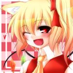  animal_ears ascot blonde_hair blush cat_ears fang flandre_scarlet hair_ribbon hazuki_rui kemonomimi_mode red_eyes ribbon side_ponytail solo touhou wings wink 