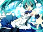  1girl 7th_dragon 7th_dragon_2020 argyle argyle_background dress green_eyes green_hair hakui hatsune_miku headphones long_hair open_mouth outstretched_arm solo twintails very_long_hair vocaloid 