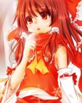  ascot bow brown_eyes brown_hair detached_sleeves hair_bow hair_ornament hakurei_reimu long_hair lowres miko perfect_cherry_blossom rai_(artist) red_eyes scarf snow solo steam touhou 