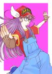  blue_eyes dr._slump earth-b_(ema) ema_(earth-b) fingerless_gloves glasses gloves hat head_wings long_hair norimaki_arale outstretched_arms overalls purple_eyes purple_hair shoes shorts sneakers spread_arms violet_eyes 