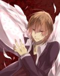  ahoge angel_wings bberry brown_eyes brown_hair feathers formal hands kakine_teitoku male open_clothes open_shirt red_eyes shirt short_hair smile solo sweater to_aru_majutsu_no_index wings wings_helmet 