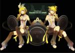  bare_shoulders bass_clef blonde_hair blue_eyes character_name colored_eyelashes detached_sleeves eyelashes fingerless_gloves gloves hair_ornament hair_ribbon hairclip hand_holding hand_on_headphones headphones highres holding_hands kagamine_len kagamine_len_(append) kagamine_rin kagamine_rin_(append) navel ribbon senano-yu short_hair shorts siblings treble_clef twins vocaloid vocaloid_append 