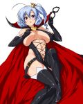  blue_hair boots breast_press breasts cape cleavage crown elbow_gloves gloves henriette_mystere highleg highleg_leotard hips large_breasts leotard mask navel nekomamire purple_eyes simple_background solo tantei_opera_milky_holmes thigh-highs thigh_boots thighhighs violet_eyes 