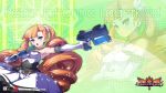  16:9 arcana_heart arcana_heart_2 arcana_heart_3 armpits bangs bare_shoulders blue_eyes blunt_bangs blush breasts brown_hair character_name cleavage crossed_arms dress drill_hair dual_wielding earrings elbow_gloves fighting_stance flower frown gloves glowing gun hair_flower hair_ornament handgun highres jewelry large_breasts logo long_hair necklace official_art open_mouth orange_hair pendant petra_johanna_lagerkvist purple_eyes rose solo sparkle title_drop twin_drills twintails very_long_hair violet_eyes wallpaper weapon white_rose 