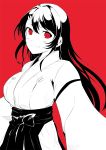  attsun_(atsushi_jb) black_hair breasts face hair_ornament hairclip houzuki_yuuno japanese_clothes kurenai large_breasts long_hair miko monochrome red red_background red_eyes smile solo spot_color 