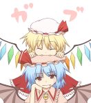  bat_wings bell biting blonde_hair blood blood_on_face bloody_tears blue_hair closed_eyes eyes_closed fang fangs flandre_scarlet grin hat hat_ribbon head_biting kurokoori multiple_girls red_eyes remilia_scarlet ribbon short_hair siblings sisters smile touhou vampire wings 