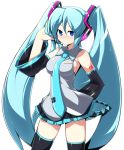  1girl aqua_hair blue_eyes detached_sleeves hand_on_headphones hatsune_miku headphones headset katami_shinta long_hair necktie simple_background skirt solo thigh-highs twintails very_long_hair vocaloid white_background 