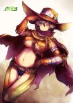  beltskirt black_hair blue_eyes breasts brown_hair cape chaps color_(artist) elbow_gloves furogi_(armor) gloves hat kara_(color) monster_hunter monster_hunter_portable_3rd navel panties solo thigh_gap under_boob underboob underwear wink 