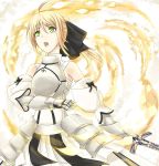  ahoge armor armored_dress bad_id bare_shoulders blonde_hair bow detached_sleeves dress excalibur fate/stay_night fate/unlimited_codes fate_(series) faulds gauntlets green_eyes kauto ponytail ribbon saber saber_lily solo sword type-moon weapon 