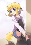  apricot apricot_(yamai) black_legwear black_thighhighs blonde_hair casual fox_ears fox_tail leg_up original shorts sitting solo tail thigh-highs thighhighs window windowsill yamai 