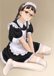  1girl braids brown_eyes brown_hair child copyright_request face glasses luna2 maid simple_background sitting solo thigh-highs thighhighs twin_braids twintails wariza white_legwear white_thighhighs 