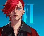  arcane:_league_of_legends bangs black_shirt blue_eyes character_name closed_mouth collared_shirt earrings jacket jewelry league_of_legends na_yeon nose_piercing piercing red_jacket redhead shirt short_hair solo swept_bangs upper_body vi_(league_of_legends) 