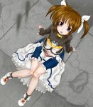  :d arm_support belt blue_eyes boots brooch brown_hair dutch_angle fingerless_gloves flat_chest from_above gloves hair_ribbon jewelry looking_up lyrical_nanoha magical_girl mahou_shoujo_lyrical_nanoha on_ground open_mouth raising_heart ribbon scharfschutze short_hair short_twintails sitting skirt smile solo takamachi_nanoha twintails undressing 