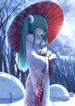  1girl :o absurdres aqua_eyes aqua_hair baisi_shaonian hatsune_miku highres holding japanese_clothes kimono long_hair looking_at_viewer outdoors scenery sky snow solo tree umbrella vocaloid wide_sleeves 