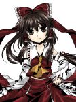  ascot bow brown_eyes brown_hair detached_sleeves hair_bow hair_ornament hakurei_reimu long_hair miko smile solo takkixixi touhou 