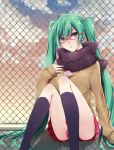  bad_id chainlink_fence cloud clouds glasses green_eyes green_hair hatsune_miku highres kneehighs long_hair noka_(blackheart1118) scarf sitting skirt sky solo sweater twintails very_long_hair vocaloid 