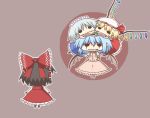  biting black_hair blonde_hair blood bloody_tears blue_hair bow chibi fangs flandre_scarlet hair_bow hakurei_reimu hat head_biting izayoi_sakuya japanese_clothes kurokoori maid miko remilia_scarlet touhou vampire wide_face wings 