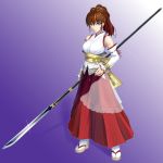  blue_eyes brown_hair detached_sleeves hakama japanese_clothes miko naginata obi polearm ponytail sandals spear tabi umineko_no_naku_koro_ni ushiromiya_natsuhi weapon zouri 