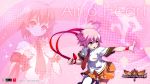  16:9 aino_heart akaga_hirotaka arcana_heart arcana_heart_3 blush bow bracelet clenched_hand clenched_hands dress fighting_stance fist flat_chest heart_ahoge highres jewelry logo magic_circle necktie official_art open_mouth orange_dress outstretched_arm pink_background pink_hair ribbon school_uniform shoes short_hair skirt smile solo sparkle standing thigh-highs thighhighs title_drop wallpaper white_legwear wristband yellow_eyes zettai_ryouiki 