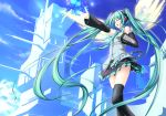  aqua_hair detached_sleeves hatsune_miku headphones headset highres long_hair necktie open_mouth singing skirt sky solo tenmaso thigh-highs thighhighs twintails very_long_hair vocaloid wings zettai_ryouiki 
